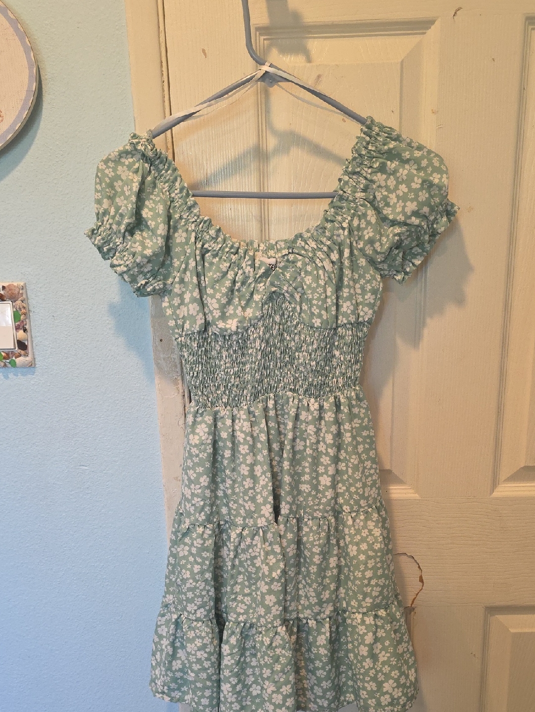 Mint Green Floral Smocked Puff Sleeve Dress
